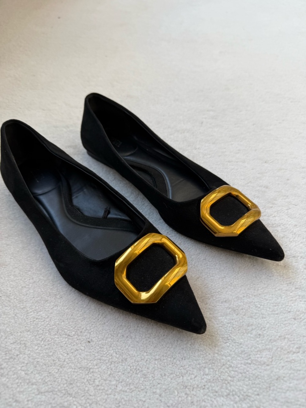 Zara Black Pointed Flats with Gold Geometric Buckles